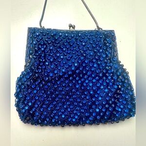 Walborg Vintage Gorgeous Blue Jeweled Silk Satin Liner Kiss Closure Clutch Purse